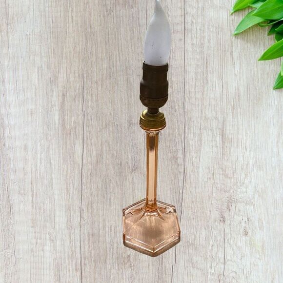 Pink Depression Glass Stick Lamps Hexagonal Base 2 - Picture 2 of 10